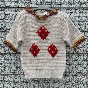 Vintage 90s Boho Fringe Bead Hippie Square Argyle Short Sleeve Sweater SMALL
